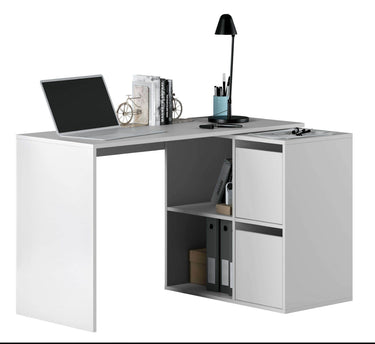 Versatile White Reversible Corner/Straight Desk with Storage and Shelves - UK Luxury Furniture